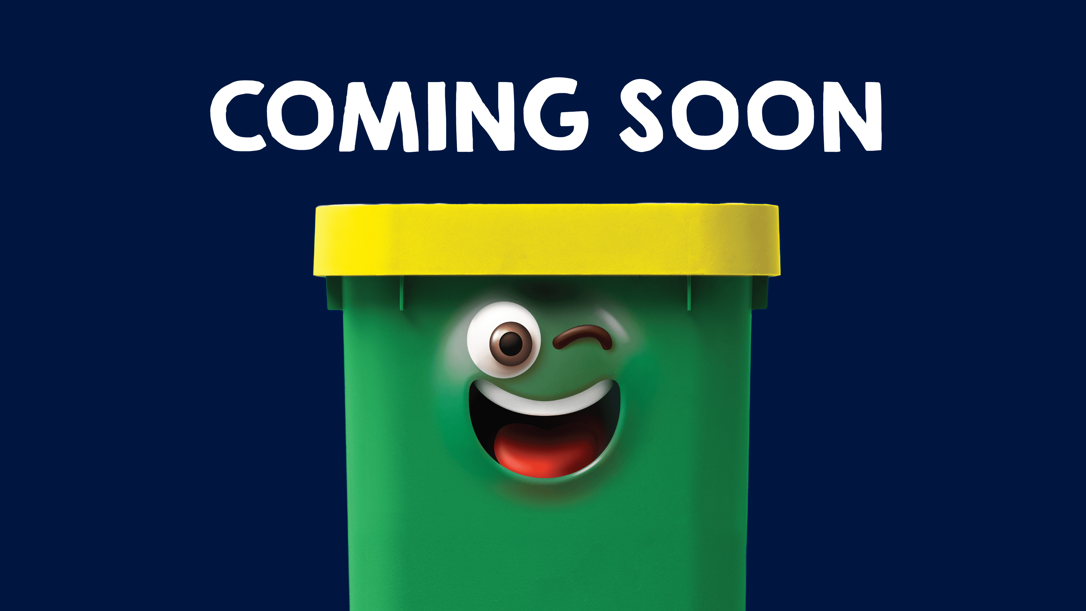 Recycling bin with face smiling with text coming soon